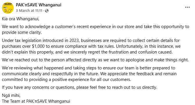 Pak’nSave Whanganui's official statement on their Facebook page